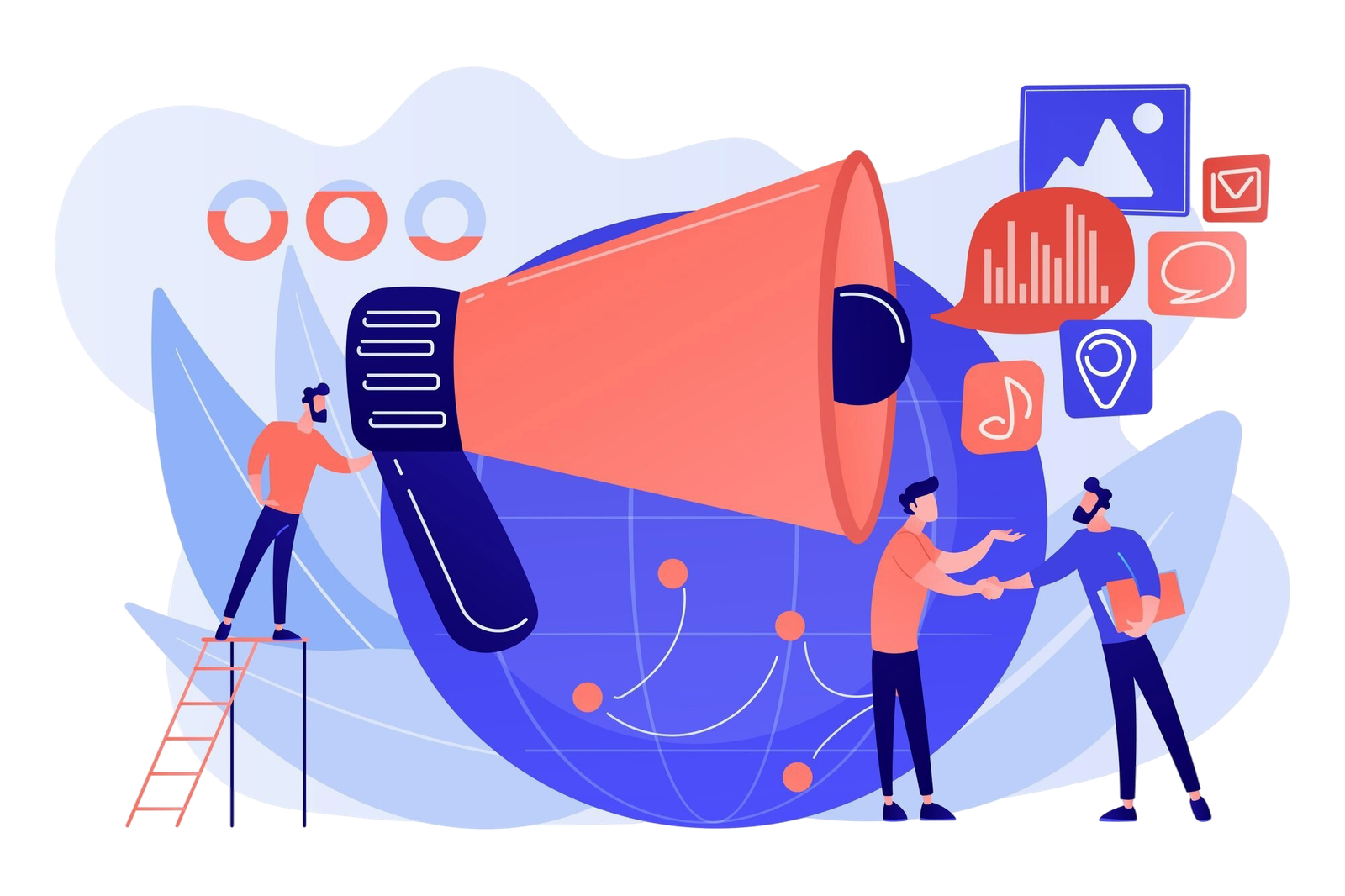 marketing specialist with loudspeaker influence businessmen globe macromarketing social influence global marketing strategy concept illustration